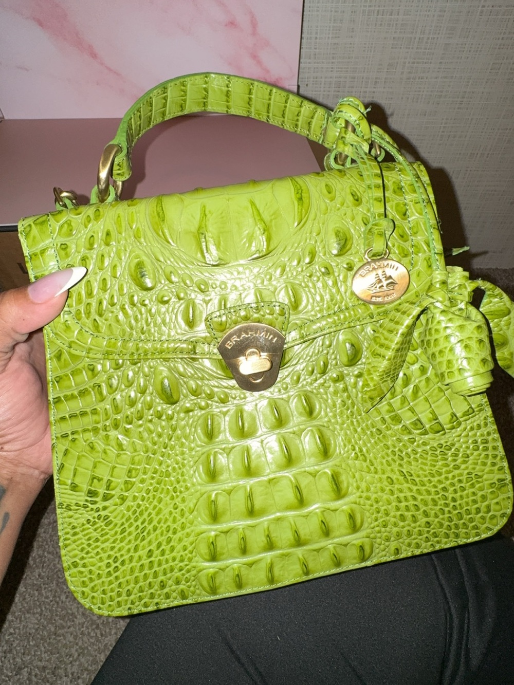 Brahmin Neon Lime Croc-Embossed Top-Handle Satchel